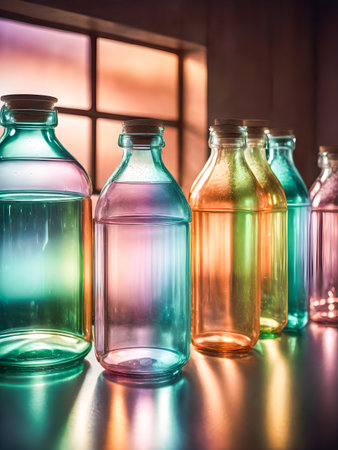 colorful bottles in a laboratory, shallow depth of field, tonedの素材