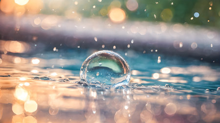 Water drops on the surface of a fountain with bokeh backgroundの素材