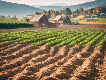 Rows of lettuce in a field and barns in the backgroundの素材