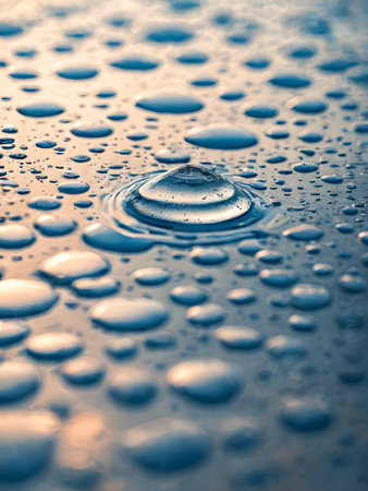 Water drops on a metal surface. Shallow depth of field.の素材