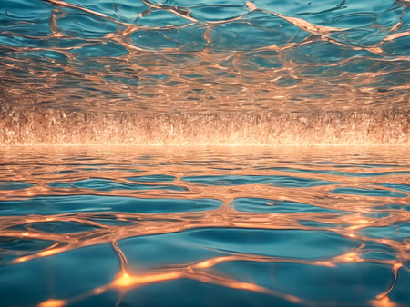 abstract background of water surface with waves and bokeh lightsの素材