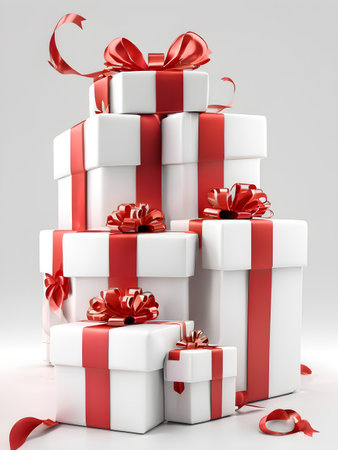 white gift boxes with red ribbons on white backgroundの素材
