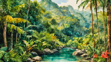 Watercolor painting of a tropical jungle with a waterfall and palm treesの素材