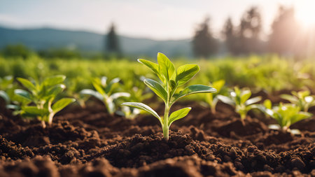 Green seedling growing on fertile soil, selective focus, nature backgroundの素材