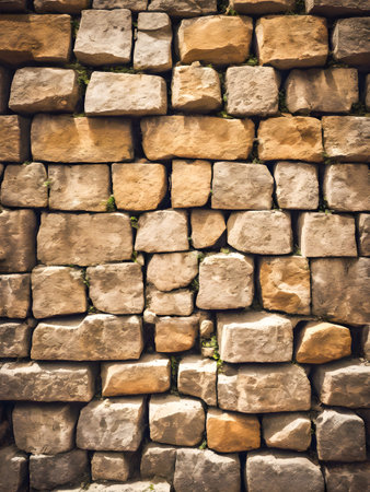 Old stone wall background texture close up. Vintage style toned pictureの素材