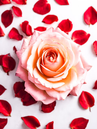 pink rose and petals isolated on white background, top viewの素材