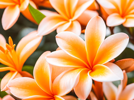Close up of orange Frangipani flowers, Thailand. (Selective focus)の素材