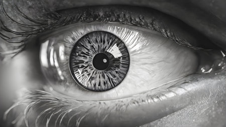 Close-up of a human eye with black and white irisの素材