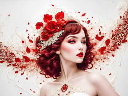 Beautiful young woman with red hair and floral wreath on her headの素材