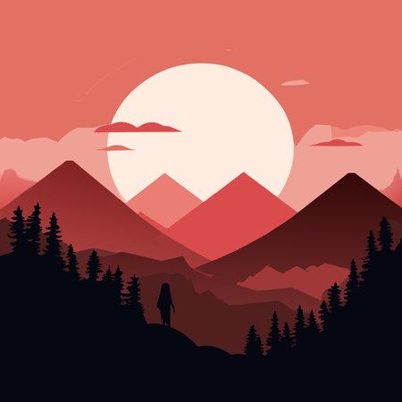 Silhouette of a man in the mountains at sunset.  illustration.の素材