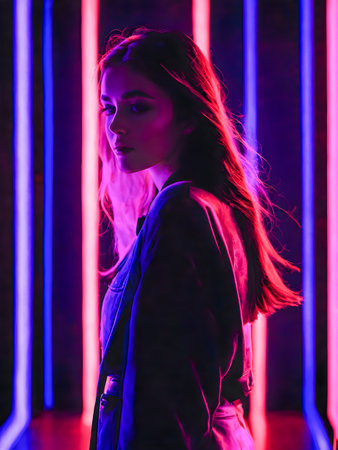 Fashion portrait of young beautiful woman with long hair in neon light.の素材