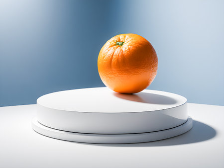 Orange on a white podium and blue backdropの素材