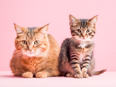Two maine coon kittens sitting on pink background. Studio shot.の素材