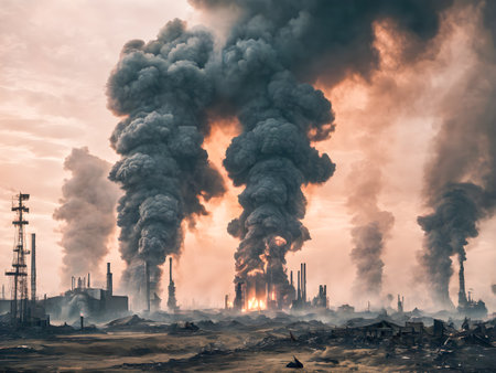 Air pollution in the factory. Global warming and climate change concept.の素材