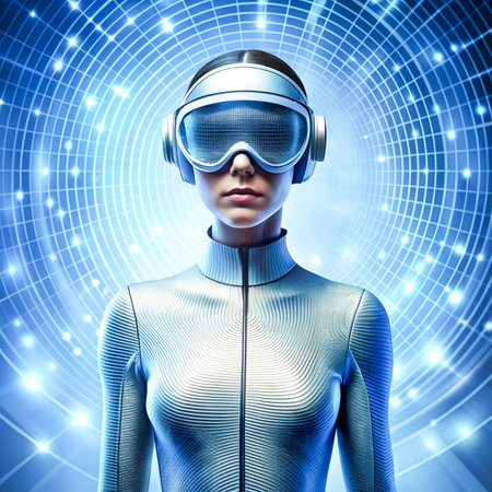 3D rendering of a female cyborg with futuristic technology background.の素材