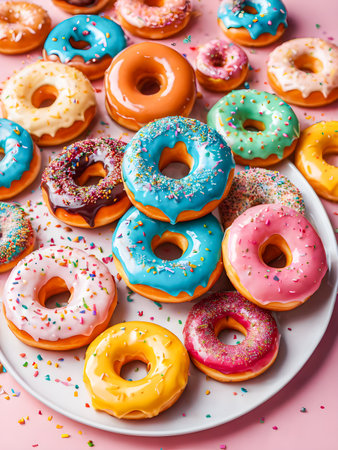 Colorful glazed donuts with sprinkles on pink background.の素材