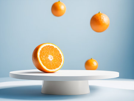 Fresh orange fruit on white podium on blue background.の素材