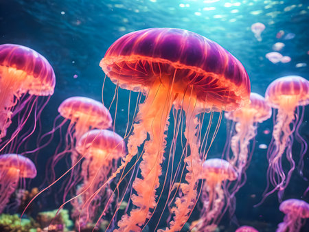 Jellyfish swimming in the deep blue ocean. Colorful jellyfish.の素材