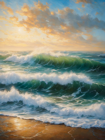 Sea and sky waves crashing on beach with vibrant colors of nature under summer sunsetの素材