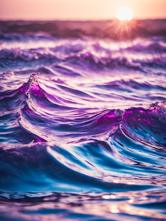 Beautiful sunset on the sea. Sea wave close-up. Nature backgroundの素材