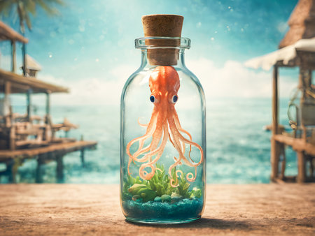 Octopus in a glass bottle on the background of the sea.の素材