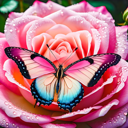 Butterfly on pink rose with water drops on petals.の素材