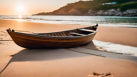 Wooden boat on the beach at sunset. Summer vacation concept.の素材