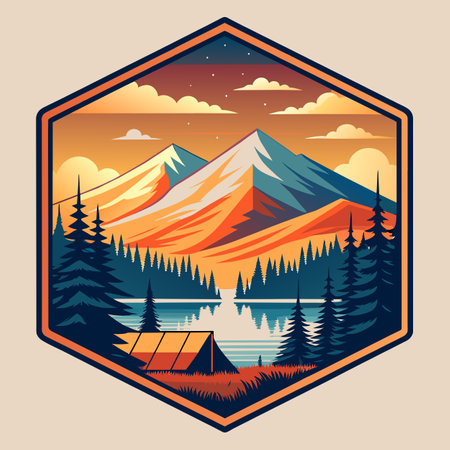 Hexagon shape illustration of a camping tent and mountains on the backgroundの素材