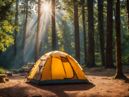 Camping tent in the pine forest with sunlight and foggy morningの素材