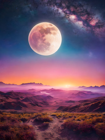 Fantasy landscape with sand dunes and moon in the sky.の素材