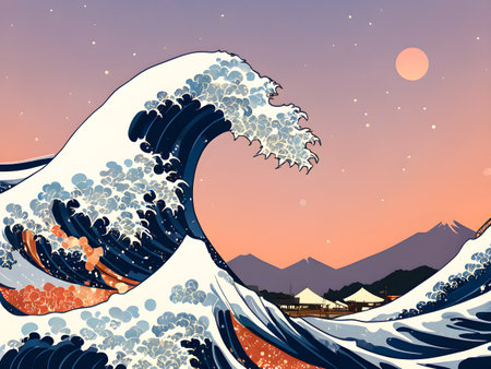 illustration of a big wave in the sea at sunset. asian styleの素材