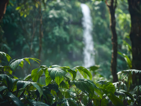 tropical rain forest with waterfall and green leaves in the morning.の素材