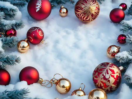 Christmas background with red and gold baubles and fir branches on snowの素材