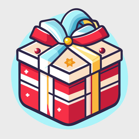 Gift box icon. Vector illustration of gift box with ribbon and bow.の素材