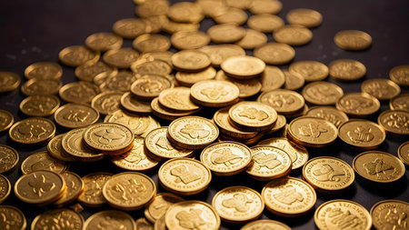 Pile of gold coins with shallow depth of field. Toned.の素材