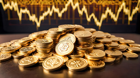 golden coins with stock market chart on the background, business conceptの素材