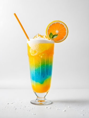 Colorful cocktail with orange and mint in glass on white background.の素材