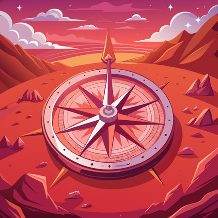 Vector illustration of a cartoon compass on a background of the mountains.のイラスト素材