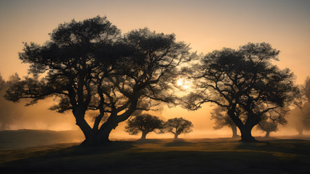 Silhouette of oak trees on a foggy meadow at sunsetの素材