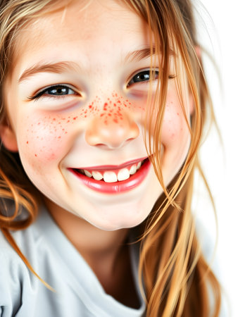 Portrait of a cute little girl with freckles on her face.の素材