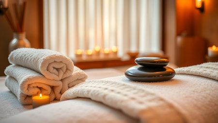 Spa and wellness setting with candles and towels in a beauty salonの素材