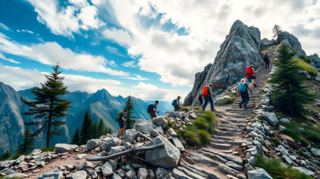 Hikers on the trail in the Dolomites, Italy.の素材