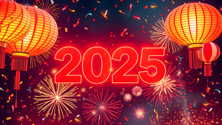 Happy New Year 2025  background with Chinese lanterns and fireworks. Vector illustration.の素材