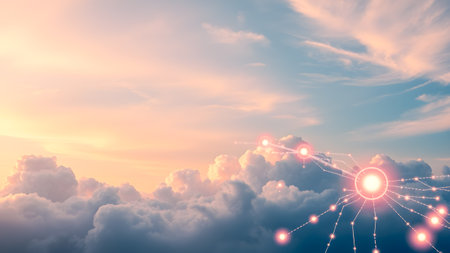 Digital composite of Network connection with light against blue and orange sky backgroundの素材