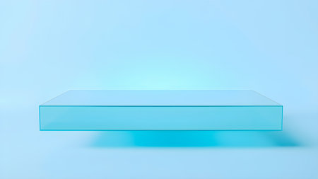 Empty blue glass shelf on blue background. 3d render illustration.の素材