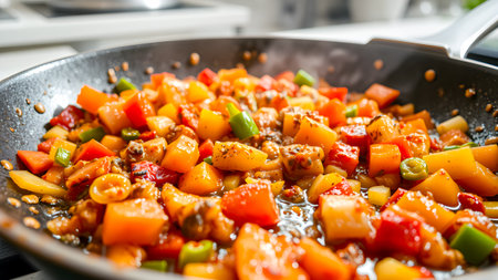 stir-fried vegetables in a frying pan on the kitchen tableの素材