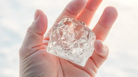 Ice cube in hand on the background of the winter landscape. Close-up.の素材