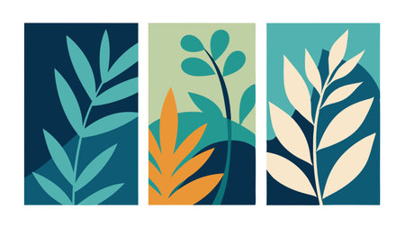 Vector set of vertical banners with abstract leaves and branches in minimalistic style.のイラスト素材