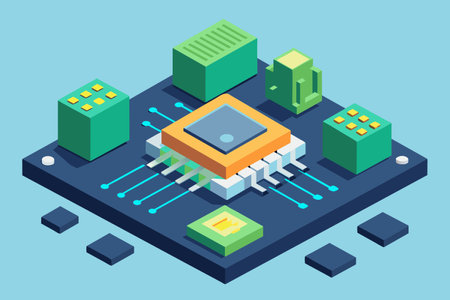 Isometric vector illustration of a microprocessor in the form of a city