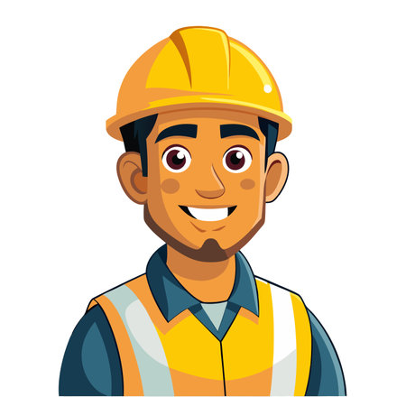 Vector illustration of a smiling man in a construction helmet and vest.のイラスト素材